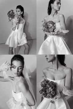 black and white photo of woman in wedding dress with flowers on her head, holding bouquet