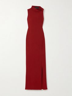 Cortana's 'Fiona' dress has been handcrafted by Spanish artisans from a textural silk-blend that elegantly skims your figure. It's cut with a sculptural, asymmetric neckline and falls to a maxi skirt with a deep front slit. Complement the 'Carmin Red' shade with gold accessories. Deep Red Dress, Sky Dress, Iconic Dresses, Asymmetric Neckline, Asymmetrical Neckline, Fashion Design Clothes, Gold Accessories, Red Mini Dress, Fitted Silhouette