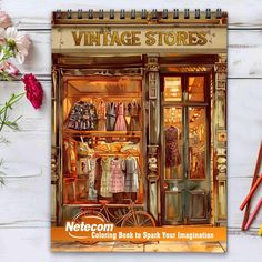 the front cover of a book with an image of a storefront and flowers on it