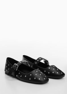 Studded ballerinas Floral Beach Wear, Black Ballerina, Stud Fashion, Spring Capsule, Mango Outlet, Greek Sandals, Ballerina Shoes, Ballet Pumps, Slingback Heel