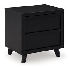 a black night stand with two drawers on one side and an open drawer on the other