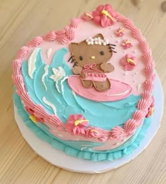 a hello kitty birthday cake with pink and blue frosting