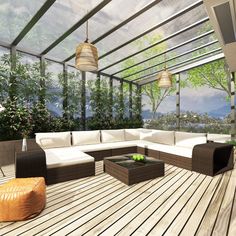 an outdoor living room with white furniture and wood flooring is featured in this rendering