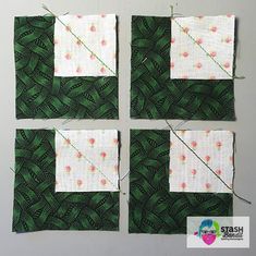 four square pieces of green fabric with pink flowers on them, each piece being cut into smaller squares