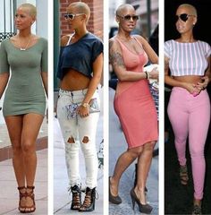 four different pictures of women in short skirts and high waisted tops, one with her hands on her hips