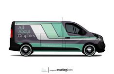 an all about graphics van parked in front of a white background with the words all about graphics on it