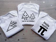 These maths-themed baby vests are the ideal nerdy gift for a future mathematician! Soft 100% cotton bodysuit with 3 fun design options: 'Little Cutie Pi', 'Such acute baby!' and 'We're so similar!' - Perfect for your favourite little genius! Long sleeve option available. Available in 0-3 months, 3-6 months, 6-9 months, 9-12 months, 12-18 months and 18-24 months. Materials: 100% Cotton Vest, Heat-Pressed Vinyl Graphic Care Instructions: Machine washable up to 40 degrees, Wash and iron inside out Nerdy Baby, Unisex Baby Gifts, Nerdy Gifts, Funny Baby Clothes, Future Children, Cotton Vest, Cotton Bodysuit, Baby Vest, Gender Neutral Baby Clothes