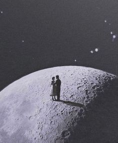 two people standing on the moon looking at stars