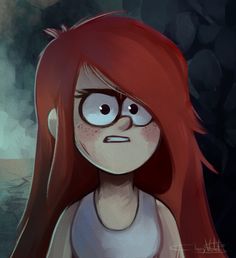 a cartoon girl with red hair and glasses looking at something in the distance while frowning