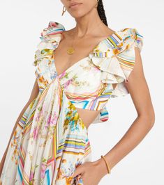 Halcyon Floral Silk Maxi Dress in Multicoloured - Zimmermann | Mytheresa Silk Ruffle Maxi Dress For Brunch, Silk Maxi Dress With Ruffles For Brunch, Chic Floral Print Dress With Flutter Sleeves, Feminine Floral Print Maxi Dress, Feminine Silk Midi Dress With Ruffles, Feminine Summer Maxi Dress With Ruffle Sleeves, Bohemian Ruffled Maxi Dress For Evening, Bohemian Evening Maxi Dress With Ruffles, Elegant Ruffle Sleeve Midi Dress For Vacation