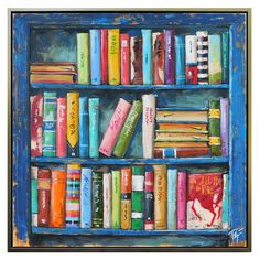 a painting of bookshelves filled with colorful books