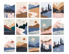 twelve calendars with mountains and trees on them, each showing the month in different colors