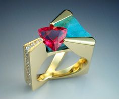 Ring | John Biagiotti. 18k gold,  2.49 carat trillion cut Pink Tourmaline, an underlay of Druse Chrysocolla, and .40 carats in channel set diamonds. Chrysocolla Ring, 18k Gold Ring, Cluster Ring, Pink Tourmaline, Modern Jewelry, Bling Bling, Ring Verlobung, Beautiful Rings, Ring Designs