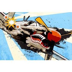 an airplane with shark teeth on it flying through the air and breaking up its wings