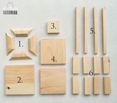 the instructions for making wooden pegs are shown in three different sizes, with numbers and shapes