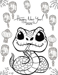 a happy new year coloring page with a cartoon snake and lanterns in the sky behind it