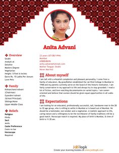 a red and white resume with an image of a woman