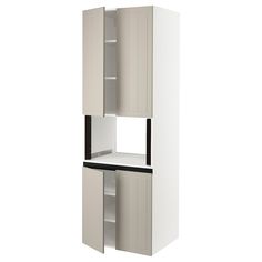 a tall cabinet with two doors and shelves