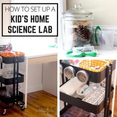 three pictures with the words how to set up a kid's home science lab