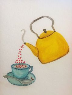 a drawing of a tea kettle pouring red hearts into a blue cup with a saucer