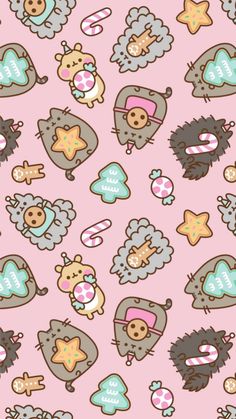 a pink background with many different cartoon animals