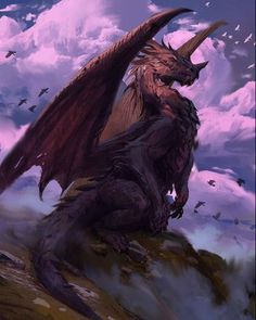 a large dragon sitting on top of a rock under a cloudy sky with birds flying around