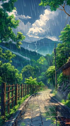 an anime scene with rain falling down on the road and mountains in the background,