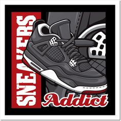 AJ 4 Retro Bred Sneaker -- Choose from our vast selection of art prints and posters to match with your desired size to make the perfect print or poster. Pick your favorite: Movies, TV Shows, Art, and so much more! Available in mini, small, medium, large, and extra-large depending on the design. For men, women, and children. Perfect for decoration. Hypebeast Shoes, Sneaker Posters, Shoes Art, 4 Tattoo, Sneaker Art, Sneakers Addict, Basketball Sneakers, Shoe Art, Custom Magnets