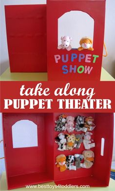 there is a puppet show in the shape of a red box with stuffed animals inside