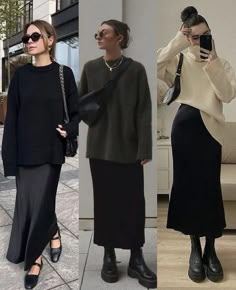 trends ideas with satin long skirt how to style silk maxi skirt women skirt ootd Layered Silk Dress Outfit, Skirt Fall 2023, Black Velvet Skirt Outfit Fall, Winter Bridal Luncheon Outfit, Fall Minimalist Outfit 2023, Sweaters Over Collared Shirts, Maxi Velvet Skirt Outfit, Plus Size Minimalist Outfits Winter, Long Black Skirt With Sweater