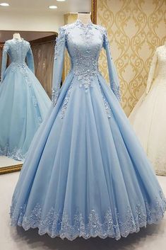 Gorgeous High Neck Long Sleeves Puffy Prom Dress Puffy Prom Dresses, डिजाइनर कपड़े, Baju Kahwin, Sewing Dress, Formal Occasion Dress, Long Sleeve Evening Gowns, Blue Ball, Dress Guide, Wallpaper Nature