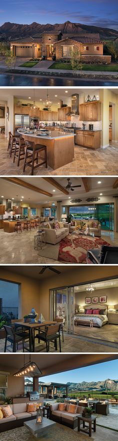 four different views of the inside and outside of a house at night, with mountains in the background