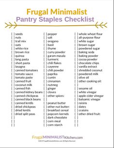 the frugal minimalist pantry staples checklist is shown in yellow and white