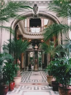 the entrance to an ornate building with potted plants