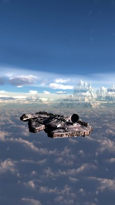 a space ship flying through the sky with mountains in the background