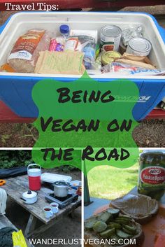 a collage of photos with the words being vegan on the road