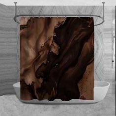 a shower curtain with a brown and black marble pattern on the bottom, in a bathroom