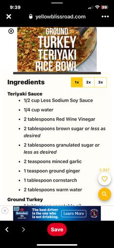 a menu listing for a restaurant on the app store's mobile device, with an image of turkey rice bowl