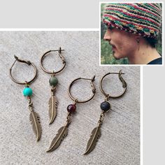 Bronze Feather Earring for Men - Single Pirate Style Hoop Earrings - Dangle Lava Rock and Tiger Eye Men's Earring Single Men Long Earring, Pirate Piercings, Masculine Dangle Earrings, Dangly Mens Earrings, Men’s Dangly Earrings, Hippie Style Men, Men's Earring, Dangly Earrings Men Feather, Pirate Earrings