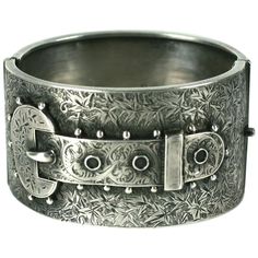 Victorian English Aesthetic Cuff bracelet with buckle motif on base of lovely hand etched leaves. Lovely quality and design from the late 19th Century. Sterling silver with period English hallmarks on interior. Width 1.5", Outside measure 8", fits a 7" wrist. Interior diameter: 2.5" x 1.9" Very good condition. English Aesthetic, Style Anglais, Metal Working, Cuff Bracelet, Ring Designs, Modern Furniture, 19th Century, Cuff Bracelets, Silver Bracelet