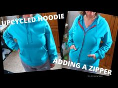 two pictures of a woman in a blue hoodie with the same zippered hoodie