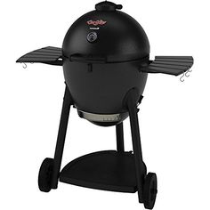 a black bbq grill with two burners on it's side and wheels