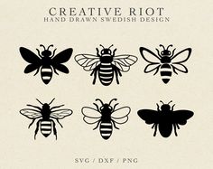 six bee silhouettes in black and white with the words creative riot written on them