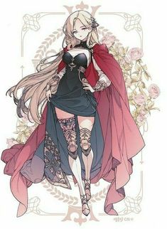 an anime character with long blonde hair wearing a black dress and red cape, standing in front of flowers