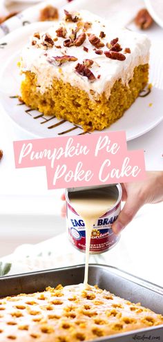 pumpkin pie poke cake with frosting being poured onto the cake and topped with pecans