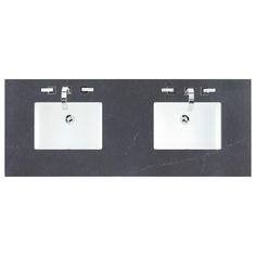 two white sinks sitting next to each other on top of a black marble countertop