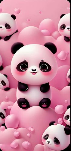 a panda bear is surrounded by pink hearts