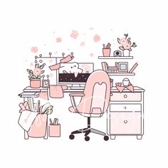 an illustration of a desk with a computer on it and lots of stuff in the background