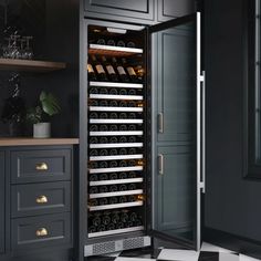 an open wine cooler in a kitchen with black and white checkered flooring on the floor