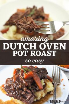 the cover of amazing dutch oven pot roast is shown on a plate with a fork